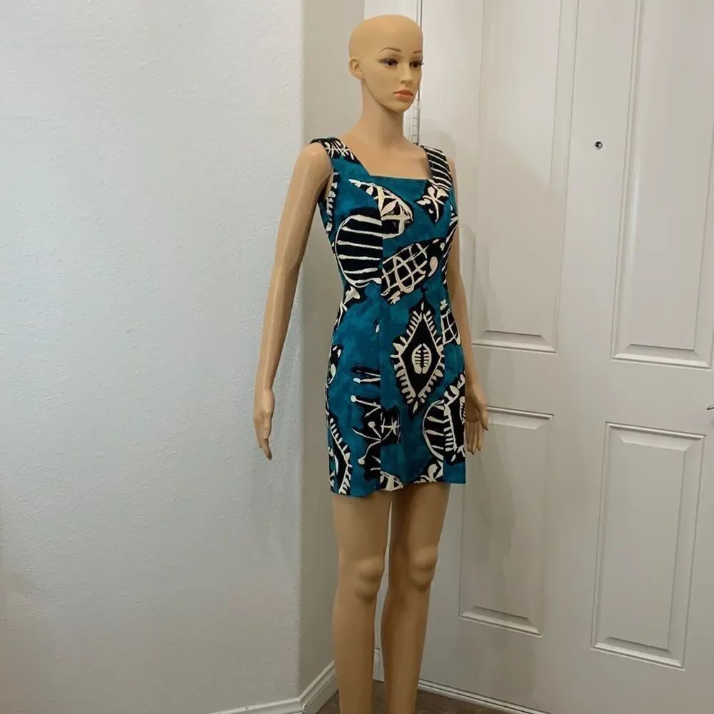 All That Jazz 5/6 Teal Black Fish Tropical Square Neck Sleeveless Mini Summer